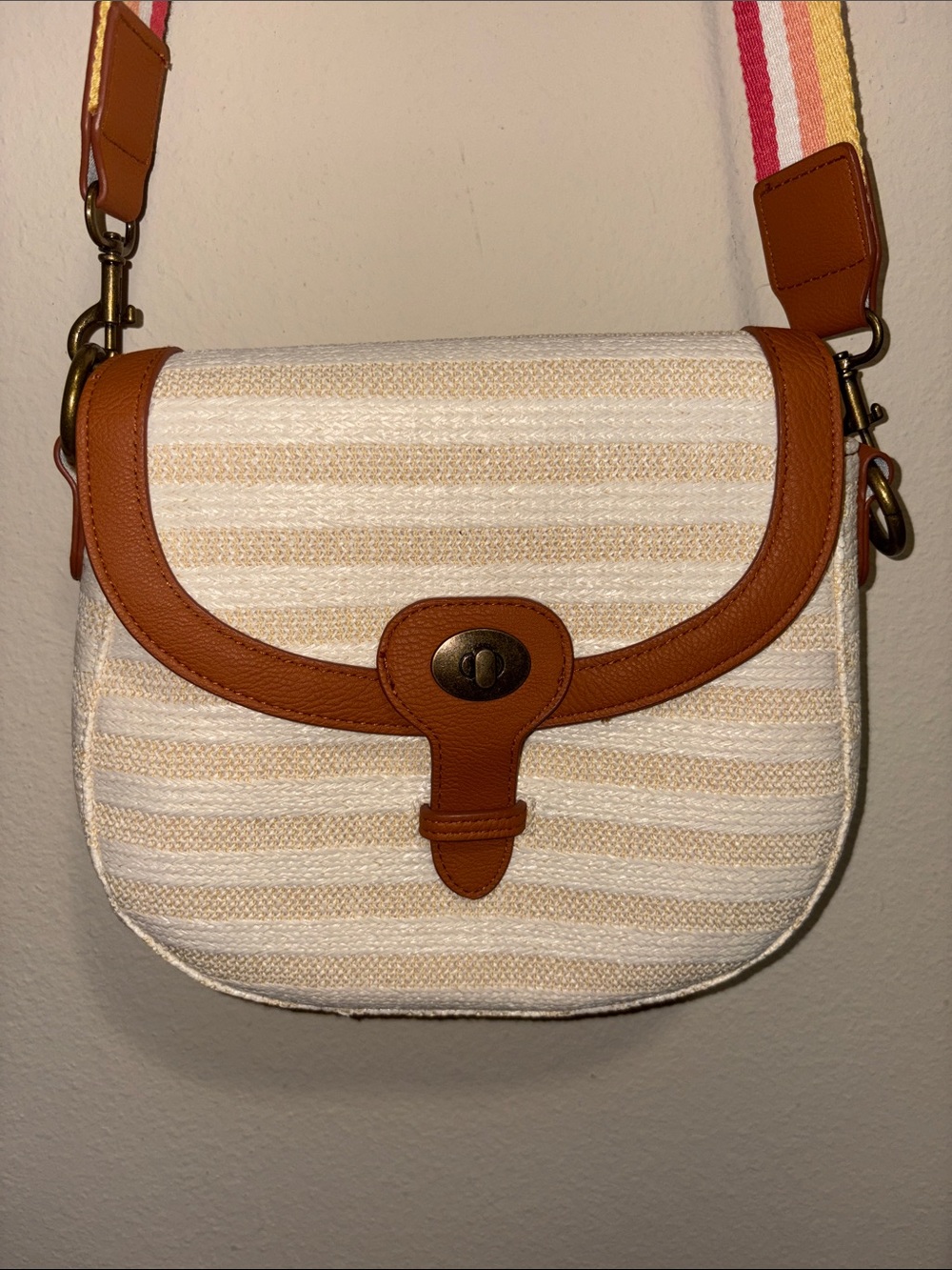 Universal Thread Cream and Tan Striped Crossbody with Multicolor Strap